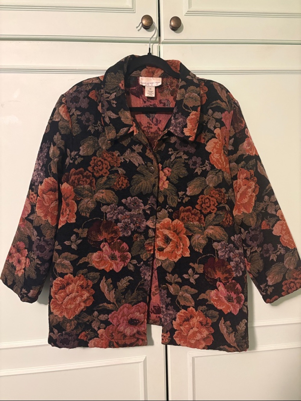 Susan Graver Black Floral Tapestry Jacket with Rust and Mauve Blooms